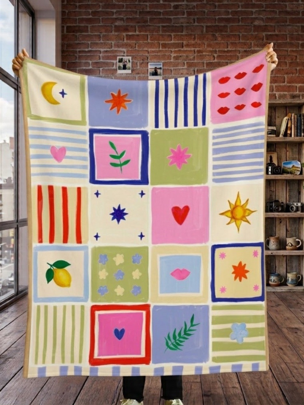 Colorful Patchwork Floral Comfort Sherpa Blanket - Pink, Green & Blue